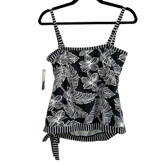 NWT Island Escape Coral Gables Black White Tropical Blouson Tankini Swim Top S 8 - Picture 3 of 8